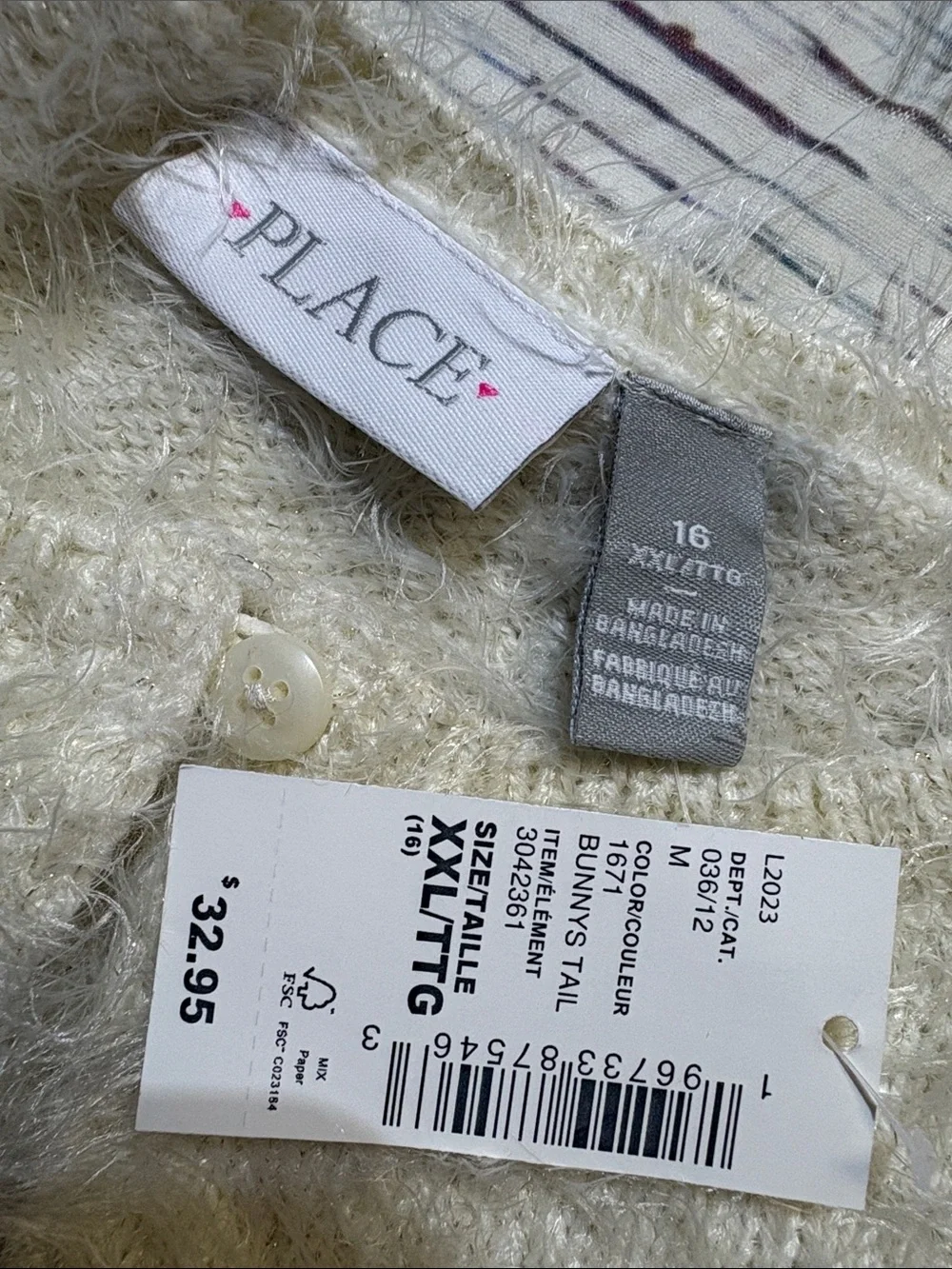 NWT The Children’s Place Ivory Fuzzy Bunny Tail Single Button Cardigan XXL